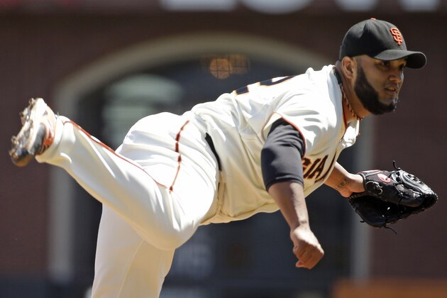 San Francisco Giants starting pitcher Yusmeiro Petit throws against the Colorado Rockies in the first inning of a baseball game Thursday, Aug. 28, 2014, in San Francisco. Petit set a major league record when he retired his 46th batter in a row, and the Giants defeated the Rockies 4-1 for their third straight win. (AP Photo/Eric Risberg)