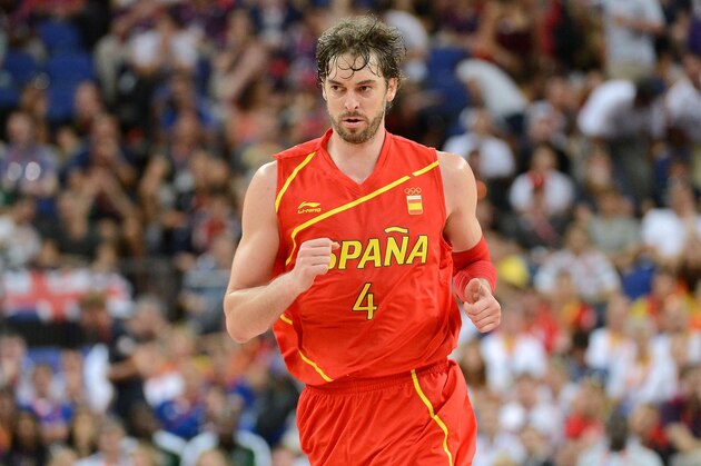 LONDON, ENGLAND - AUGUST 12:  Pau Gasol #4 of Spain celebrates making a shot during the Men's Basketball gold medal game between the United States and Spain on Day 16 of the London 2012 Olympics Games at North Greenwich Arena on August 12, 2012 in London, England.  (Photo by Harry How/Getty Images)