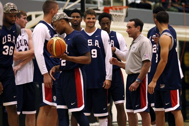 United States basketball national team head coach Mike Krzyzewski, third from right, from talks to players during practice at Christl Arena at the U.S. Military Academy on Monday, Aug. 18, 2014, in West Point, N.Y. (AP Photo/Mike Groll)