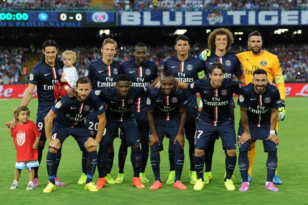 NAPLES, ITALY - AUGUST 11:  The eam of Paris Saint Germain poses before the pre-season friendly match between SSC Napoli and Paris Saint-Germain FC at Stadio San Paolo on August 11, 2014 in Naples, Italy.  (Photo by Giuseppe Bellini/Getty Images)