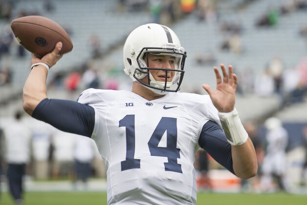 Aug 30, 2014; Dublin, IRL;  Penn State Nittany Lions quarterback Christian Hackenberg warms up before the game between the Central Florida Knights and the Penn State Nittany Lions at Croke Park. Mandatory Credit: Steve Flynn-USA TODAY Sports