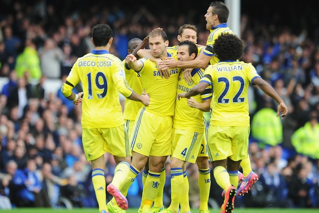 LIVERPOOL, ENGLAND - AUGUST 30: Branislav Ivanovic of Chelsea celebrates scoring his team's second goal with team mates during the Barclays Premier League match between Everton and Chelsea at Goodison Park on August 30, 2014 in Liverpool, England. (Photo by Chris Brunskill/Getty Images) LIVERPOOL, ENGLAND - AUGUST 30: Branislav Ivanovic of Chelsea celebrates scoring his team's second goal with team mates during the Barclays Premier League match between Everton and Chelsea at Goodison Park on August 30, 2014 in Liverpool, England. (Photo by Chris Brunskill/Getty Images)