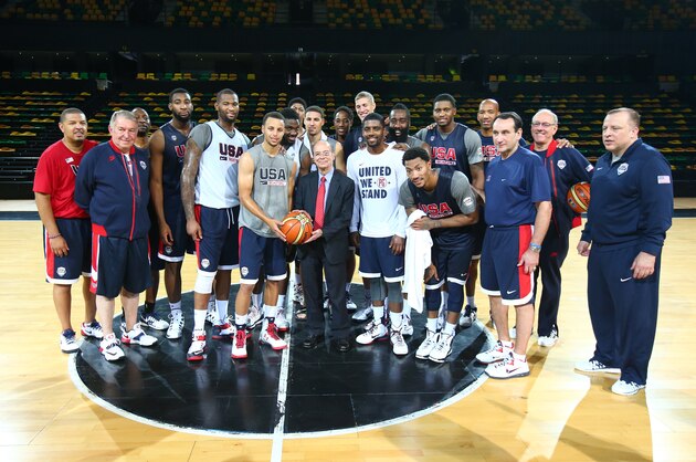 BILBAO, SPAIN - AUGUST 29:  The USA Basketball Men's National Team poses with the Mayor of Bilbao Ibon Areso following a practice for the FIBA World Cup at Bilbao Arena on August 29, 2014 in Bilbao, Spain.  NOTE TO USER: User expressly acknowledges and agrees that, by downloading and/or using this Photograph, user is consenting to the terms and conditions of the Getty Images License Agreement. Mandatory Copyright Notice: Copyright 2014 NBAE (Photo by Nathaniel S. Butler/NBAE via Getty Images)