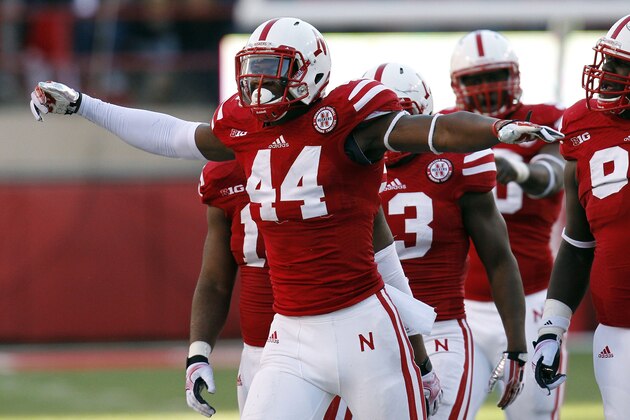 Nov 16, 2013; Lincoln, NE, USA; Nebraska Cornhuskers defender Randy Gregory (44) celebrates after a quarterback sack against the Michigan State Spartans in the second quarter at Memorial Stadium. Mandatory Credit: Bruce Thorson-USA TODAY Sports