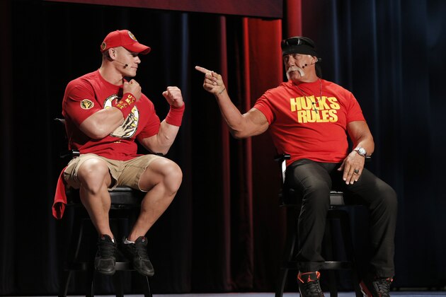 WWE 2K15 cover Superstar John Cena and WWE Hall of Famer Hulk Hogan discuss their respect for one another at the SummerSlam Confidential Panel and WWE 2K15 roster reveal at Club Nokia, on Saturday, August 16, 2014 in Los Angeles. (Photo by Todd Williamson/Invision for 2K/AP Images)