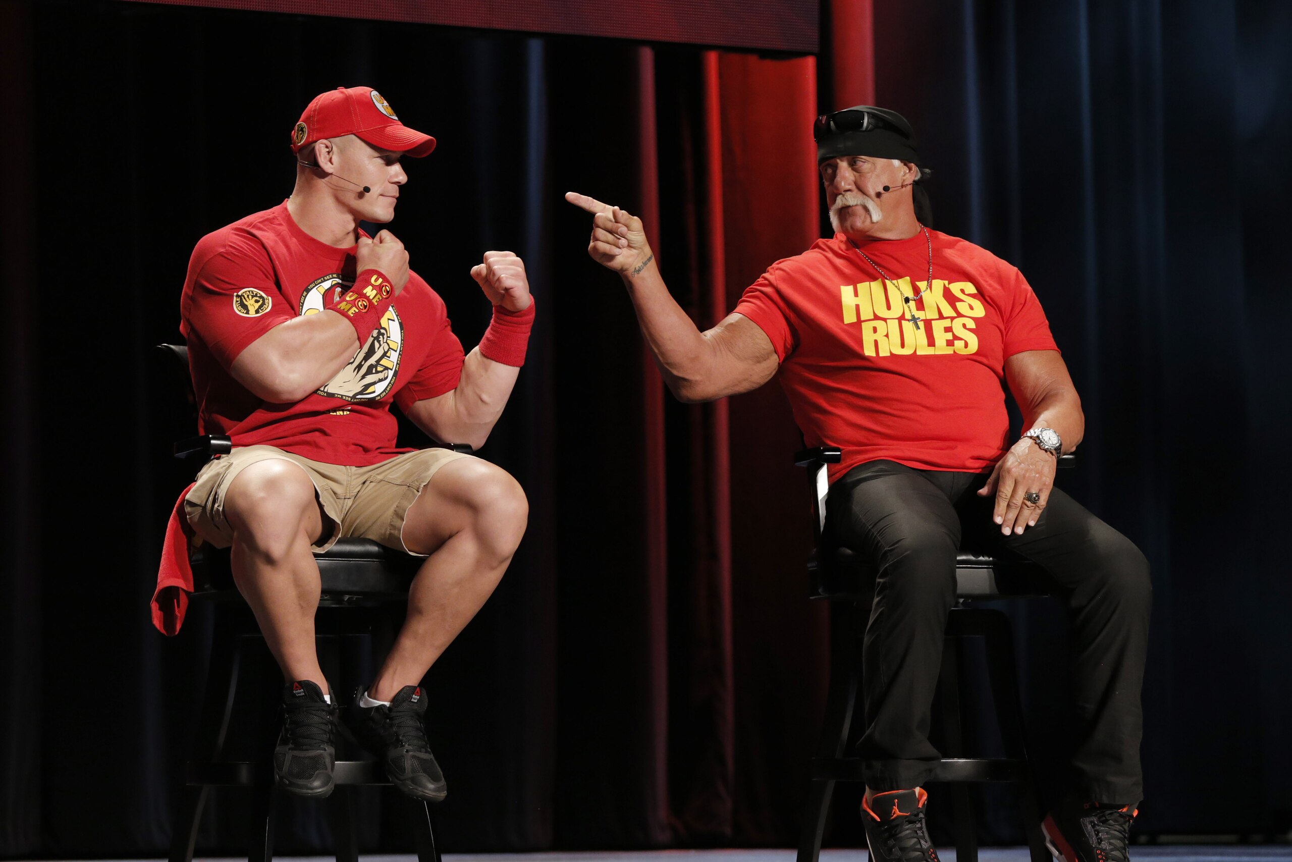 WWE 2K15 cover Superstar John Cena and WWE Hall of Famer Hulk Hogan discuss their respect for one another at the SummerSlam Confidential Panel and WWE 2K15 roster reveal at Club Nokia, on Saturday, August 16, 2014 in Los Angeles. (Photo by Todd Williamson/Invision for 2K/AP Images)