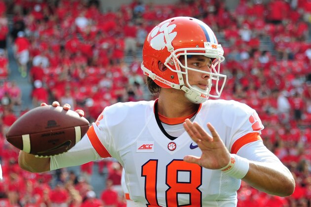 ATHENS, GA - AUGUST 30:  Cole Stoudt #18 of the Clemson Tigers warms up before the game against the Georgia Bulldogs at Sanford Stadium on August 30, 2014 in Athens, Georgia. (Photo by Scott Cunningham/Getty Images)