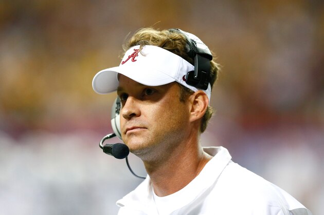 ATLANTA, GA - AUGUST 30:  Offensive coordinator Lane Kiffin of the Alabama Crimson Tide looks on against the West Virginia Mountaineers at Georgia Dome on August 30, 2014 in Atlanta, Georgia.  (Photo by Kevin C. Cox/Getty Images)