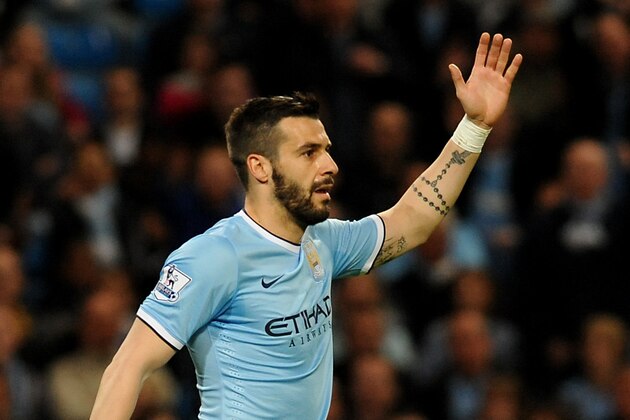 Manchester City's Alvaro Negredo during the English Premier League soccer match between Manchester City and Sunderland at The Etihad Stadium, Manchester, England, Wednesday, April  16, 2014. (AP Photo/Rui Vieira)