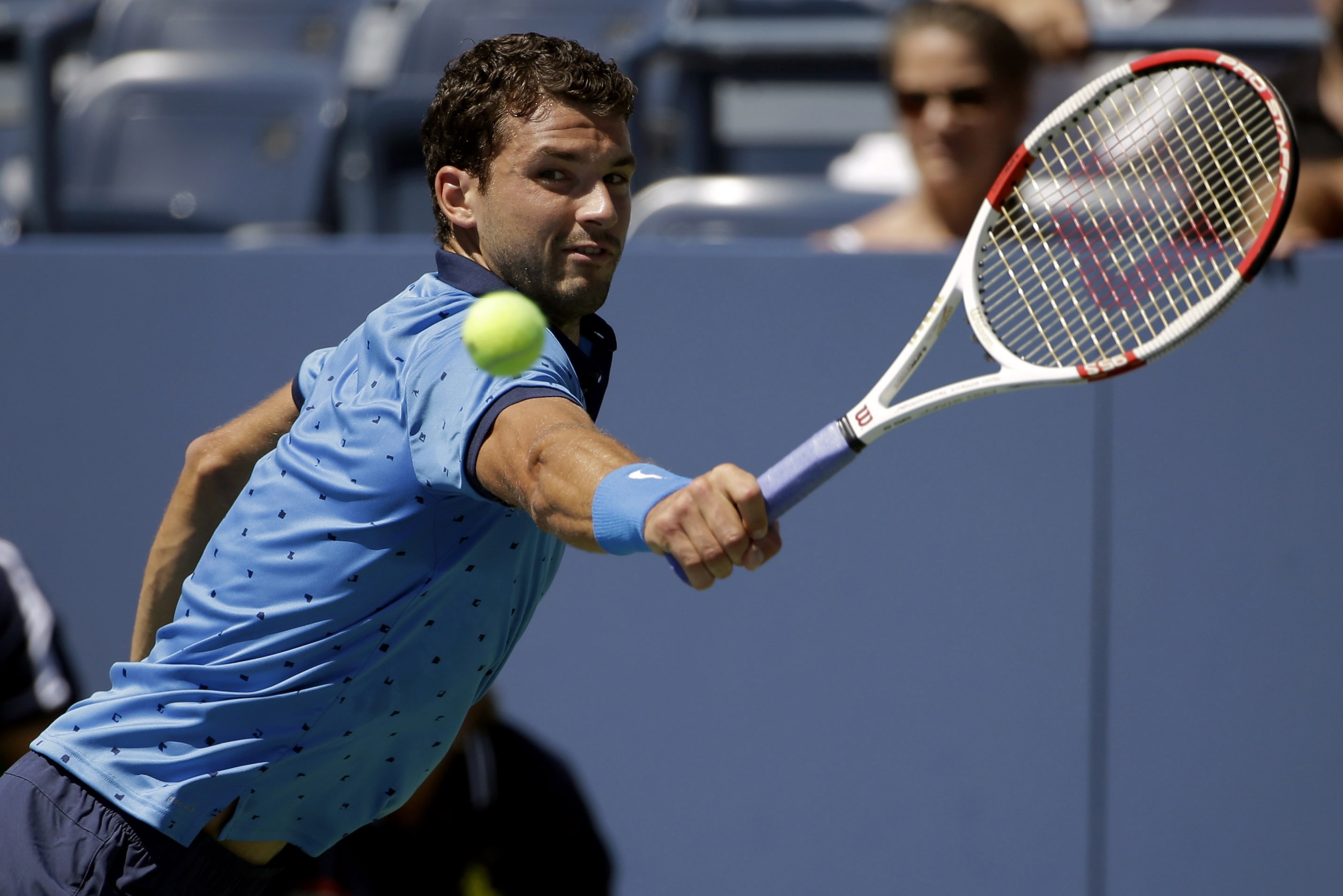 Grigor Dimitrov, of Bulgaria, returns a shot against Dudi Sela, of Israel, during the second round of the 2014 U.S. Open tennis tournament, Friday, Aug. 29, 2014, in New York. (AP Photo/Frank Franklin II)