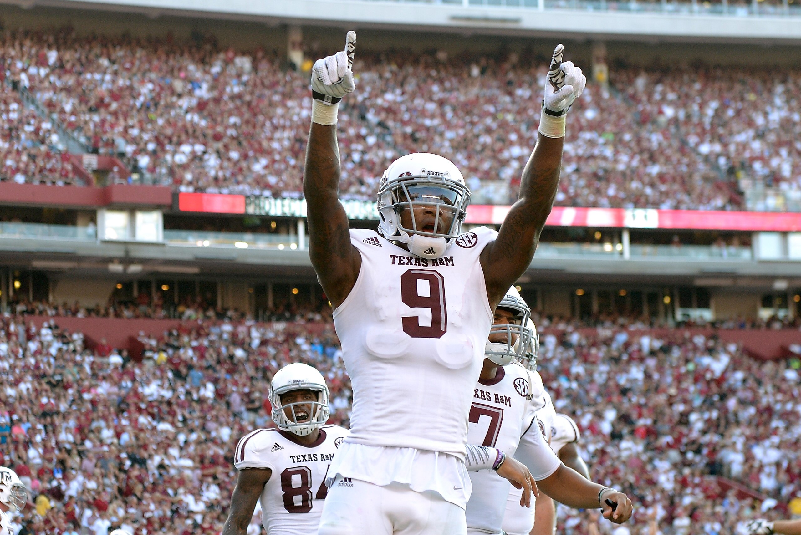 COLUMBIA, SC - AUGUST 28: Ricky Seals-Jones #9 of the Texas A&M Aggies reacts after scoring a touchdown South Carolina Gamecocks during the second quarter of their game at Williams-Brice Stadium on August 28, 2014 in Columbia, South Carolina. (Photo by Grant Halverson/Getty Images)