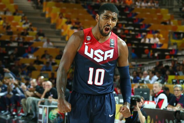 BILBAO, SPAIN - AUGUST 31: Kyrie Irving #10 of the USA Basketball Men's National Team reacts during a game against the Turkey Basketball Men's National Team during the 2014 FIBA World Cup at Bizkaia Arena in Bilbao Exhibition Centre on August 31, 2014 in Bilbao, Spain.  NOTE TO USER: User expressly acknowledges and agrees that, by downloading and/or using this Photograph, user is consenting to the terms and conditions of the Getty Images License Agreement. Mandatory Copyright Notice: Copyright 2014 NBAE (Photo by Nathaniel S. Butler/NBAE via Getty Images)