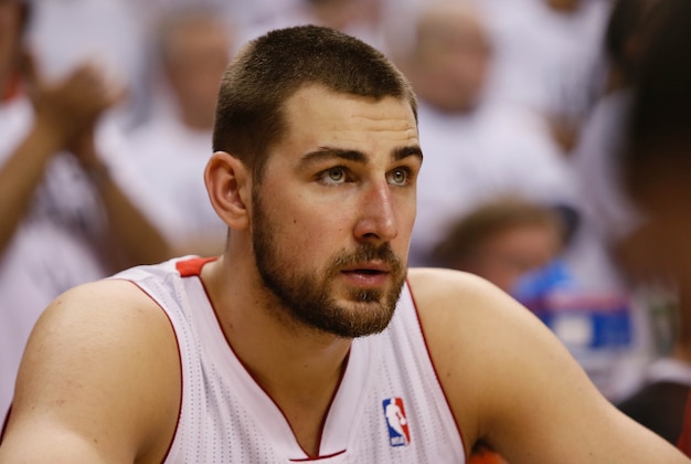 May 4, 2014; Toronto, Ontario, CAN; Toronto Raptors center Jonas Valanciunas (17) during a break in the action against the Brooklyn Nets in game seven of the first round of the 2014 NBA Playoffs at the Air Canada Centre. Brooklyn defeated Toronto 104-103. Mandatory Credit: John E. Sokolowski-USA TODAY Sports