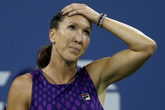 Jelena Jankovic, of Serbia, reacts during her match against Belinda Bencic, of Switzerland, in the fourth round of the 2014 U.S. Open tennis tournament, Sunday, Aug. 31, 2014, in New York. (AP Photo/Elise Amendola)