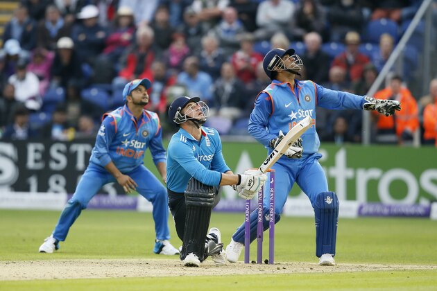 England's Alex Hales looks up after miss hitting a ball from India's Ravindra Jadeja d that was caught by Ravichandran Ashwin uring their One Day International cricket match at the SWALEC cricket ground in Cardiff, Wales, Wednesday, Aug. 27, 2014. (AP Photo/Alastair Grant)