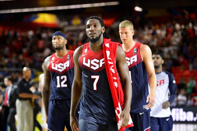 BILBAO, SPAIN - AUGUST 31: Kenneth Faried #7, DeMarcus Cousins #12 and Mason Plumlee #11 of the USA Basketball Men's National Team after the game against the Turkey Basketball Men's National Team during the 2014 FIBA World Cup at Bizkaia Arena in Bilbao Exhibition Centre on August 31, 2014 in Bilbao, Spain.  NOTE TO USER: User expressly acknowledges and agrees that, by downloading and/or using this Photograph, user is consenting to the terms and conditions of the Getty Images License Agreement. Mandatory Copyright Notice: Copyright 2014 NBAE (Photo by David Dow/NBAE via Getty Images)