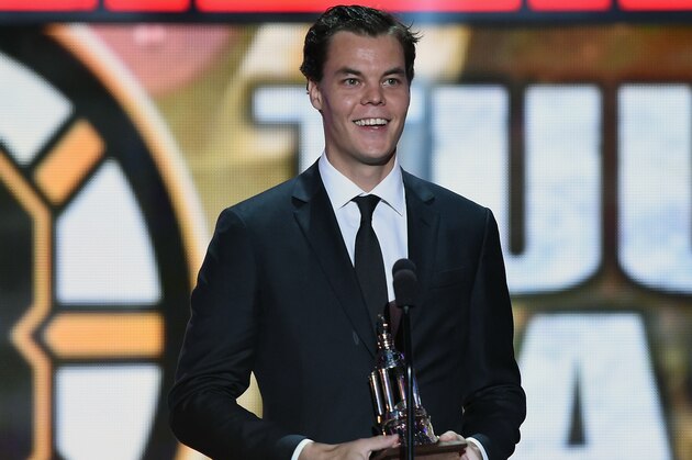 LAS VEGAS, NV - JUNE 24:  Tuukka Rask of the Boston Bruins speaks accepts the Vezina Trophy during the 2014 NHL Awards at the Encore Theater at Wynn Las Vegas on June 24, 2014 in Las Vegas, Nevada.  (Photo by Ethan Miller/Getty Images)