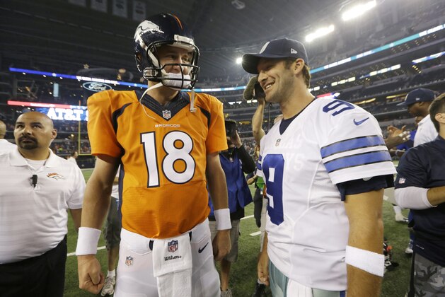 Denver Broncos quarterback Peyton Manning (18) and Dallas Cowboys quarterback Tony Romo (9) share a few words following a NFL preseason football game, Thursday, Aug. 28. 2014, in Arlington, Texas. (AP Photo/LM Otero) Denver Broncos quarterback Peyton Manning (18) and Dallas Cowboys quarterback Tony Romo (9) share a few words following a NFL preseason football game, Thursday, Aug. 28. 2014, in Arlington, Texas. (AP Photo/LM Otero)