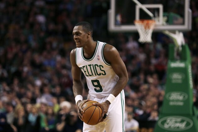 Boston Celtics guard Rajon Rondo (9) during the second quarter of an NBA basketball game Friday, April 4, 2014, in Boston. (AP Photo/Charles Krupa)