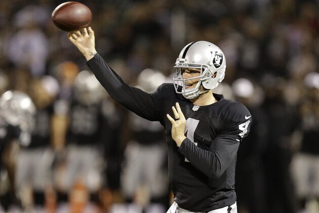 Oakland Raiders quarterback Derek Carr (4) passes against the Detroit Lions during the second half of an NFL preseason football game in Oakland, Calif., Friday, Aug. 15, 2014. (AP Photo/Ben Margot)