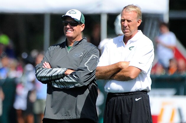 Jul 24, 2014; Cortland, NY, USA; New York Jets head coach Rex Ryan and general manager John Idzik look on during training camp at SUNY Cortland. Mandatory Credit: Rich Barnes-USA TODAY Sports