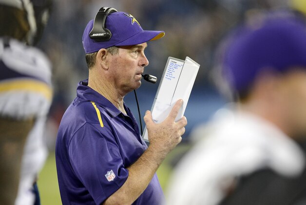 Minnesota Vikings head coach Mike Zimmer watches from the sideline in the fourth quarter of a preseason NFL football game between the Vikings and the Tennessee Titans Thursday, Aug. 28, 2014, in Nashville, Tenn. (AP Photo/Mark Zaleski)