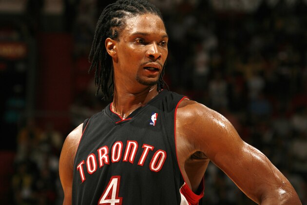 MIAMI - MARCH 28: Chris Bosh #4 of the Toronto Raptors takes a breather against the Miami Heat on March 28, 2010 at American Airlines Arena in Miami, Florida. NOTE TO USER: User expressly acknowledges and agrees that, by downloading and/or using this Photograph, User is consenting to the terms and conditions of the Getty Images License Agreement. Mandatory copyright notice: Copyright NBAE 2010 (Photo by Issac Baldizon/NBAE via Getty Images)