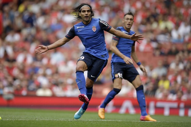 AS Monaco's Radamel Falcao shouts for the ball during the Emirates Cup soccer match between AS Monaco and Valencia at Arsenal's Emirates Stadium in London, Saturday, Aug. 2, 2014.  (AP Photo/Matt Dunham)