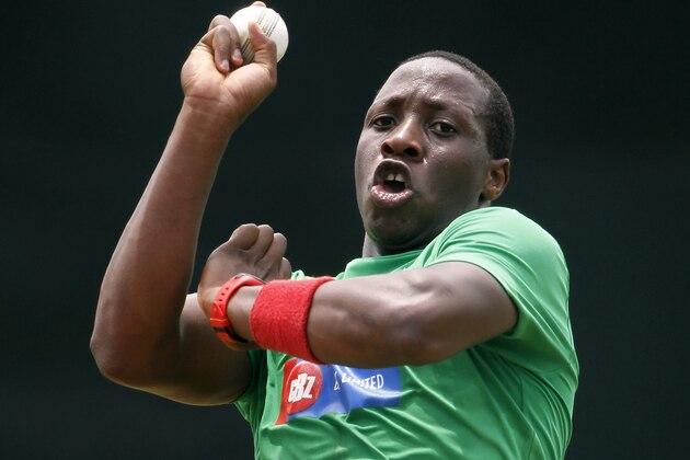 Zimbabwe's cricketer Tinashe Panyangara delivers a ball during a practice session ahead of their Cricket World Cup match against Pakistan in Pallekele, Sri Lanka, Saturday, March  12, 2011. (AP Photo/Eranga Jayawardena)