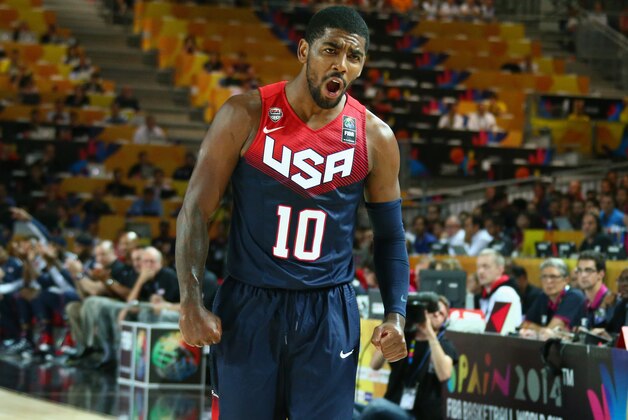 BILBAO, SPAIN - AUGUST 31: Kyrie Irving #10 of the USA Basketball Men's National Team reacts during a game against the Turkey Basketball Men's National Team during the 2014 FIBA World Cup at Bizkaia Arena in Bilbao Exhibition Centre on August 31, 2014 in Bilbao, Spain.  NOTE TO USER: User expressly acknowledges and agrees that, by downloading and/or using this Photograph, user is consenting to the terms and conditions of the Getty Images License Agreement. Mandatory Copyright Notice: Copyright 2014 NBAE (Photo by Nathaniel S. Butler/NBAE via Getty Images)