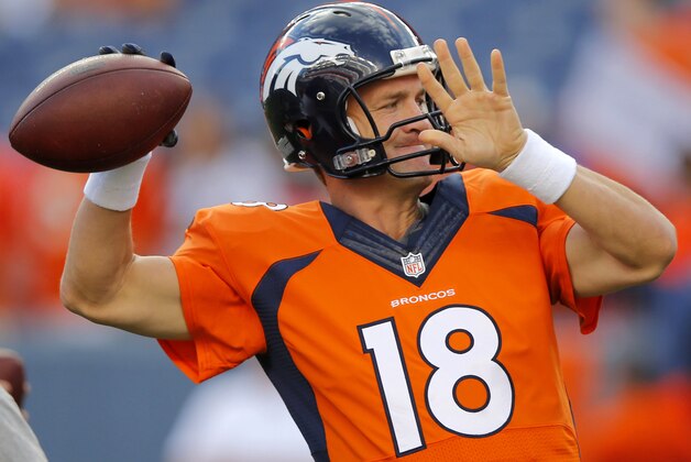 Denver Broncos quarterback Peyton Manning (18) warms up prior to an NFL preseason football game against the Houston Texans, Saturday, Aug. 23, 2014, in Denver. (AP Photo/Jack Dempsey)