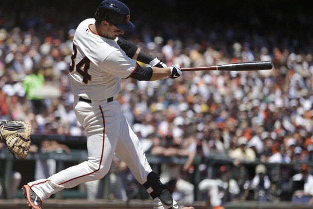 San Francisco Giants' Andrew Susac swings for an RBI single off Pittsburgh Pirates' Charlie Morton in the third inning of a baseball game Wednesday, July 30, 2014, in San Francisco. (AP Photo/Ben Margot)