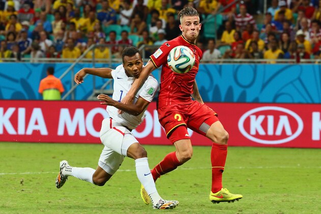 SALVADOR, BRAZIL - JULY 01:  Julian Green of the United States scores his team's first goal in extra time against Toby Alderweireld of Belgium during the 2014 FIFA World Cup Brazil Round of 16 match between Belgium and the United States at Arena Fonte Nova on July 1, 2014 in Salvador, Brazil.  (Photo by Kevin C. Cox/Getty Images)