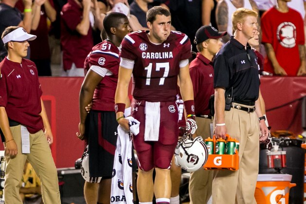 Aug 28, 2014; Columbia, SC, USA; South Carolina Gamecocks quarterback Dylan Thompson (17) reacts against the Texas A&M Aggies in the fourth quarter at Williams-Brice Stadium. Mandatory Credit: Jeff Blake-USA TODAY Sports Aug 28, 2014; Columbia, SC, USA; South Carolina Gamecocks quarterback Dylan Thompson (17) reacts against the Texas A&M Aggies in the fourth quarter at Williams-Brice Stadium. Mandatory Credit: Jeff Blake-USA TODAY Sports
