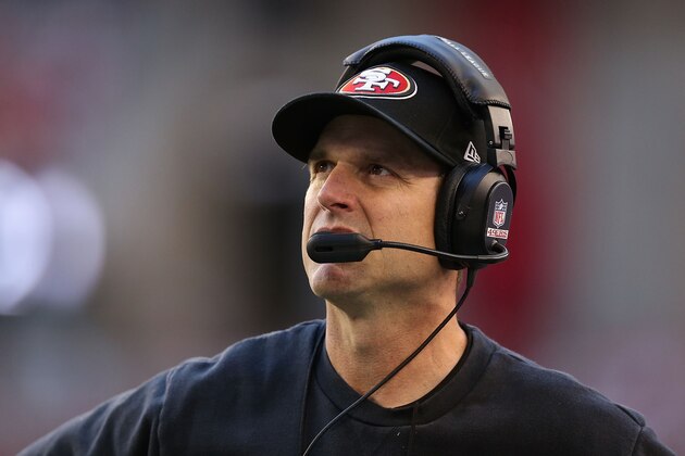 GLENDALE, AZ - DECEMBER 29:  Head coach Jim Harbaugh of the San Francisco 49ers on the sidelines during the NFL game against the Arizona Cardinals at the University of Phoenix Stadium on December 29, 2013 in Glendale, Arizona.  The 49ers defeated the Cardinals 23-20.  (Photo by Christian Petersen/Getty Images)