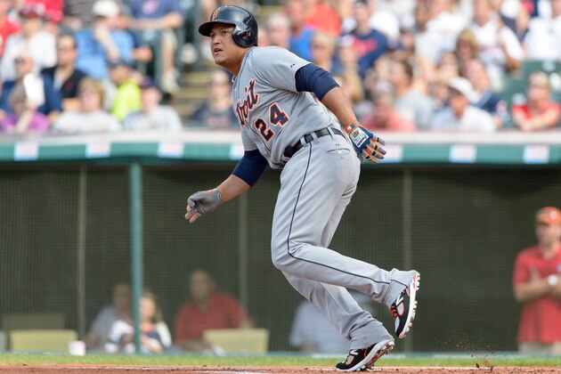 CLEVELAND, OH - SEPTEMBER 1: Miguel Cabrera #24 of the Detroit Tigers hits a two run home run during the first inning against the Cleveland Indians a Progressive Field on September 1, 2014 in Cleveland, Ohio. (Photo by Jason Miller/Getty Images)