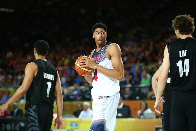 BILBAO, SPAIN - SEPTEMBER 2: Anthony Davis #14 of the USA Basketball Men's National Team during a game against the New Zealand Basketball Men's National Team during the 2014 FIBA World Cup at Bizkaia Arena in Bilbao Exhibition Centre on September 2, 2014 in Bilbao, Spain.  NOTE TO USER: User expressly acknowledges and agrees that, by downloading and/or using this Photograph, user is consenting to the terms and conditions of the Getty Images License Agreement. Mandatory Copyright Notice: Copyright 2014 NBAE (Photo by Nathaniel S. Butler/NBAE via Getty Images)
