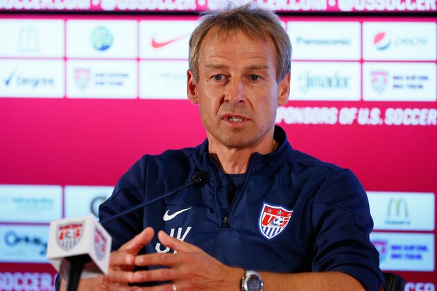 SAO PAULO, BRAZIL - JUNE 27:  Head coach Jurgen Klinsmann of the United States speaks to the media during training at Sao Paulo FC on June 27, 2014 in Sao Paulo, Brazil.  (Photo by Kevin C. Cox/Getty Images)