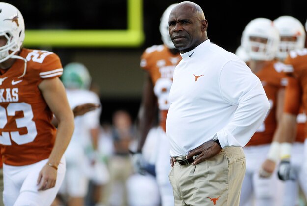 Aug 30, 2014; Austin, TX, USA; Texas Longhorns head coach Charlie Strong during warm ups before the game against the North Texas Mean Green at Darrell K Royal-Texas Memorial Stadium. Mandatory Credit: Soobum Im-USA TODAY Sports