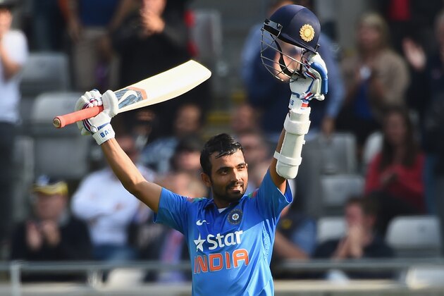 BIRMINGHAM, ENGLAND - SEPTEMBER 02:  Ajinka Rahane of India celebrates his century during the 4th Royal London One-Day International match between England and India at Edgbaston on September 2, 2014 in Birmingham, England.  (Photo by Shaun Botterill/Getty Images)