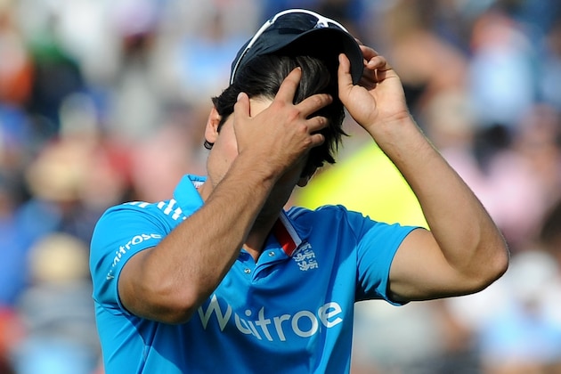 England captain Alastair Cook after England lose to India by nine wickets during the fourth One Day International match between England and India at Edgbaston cricket ground, Birmingham, England, Tuesday, Sept 2, 2014. (AP Photo/Rui Vieira)