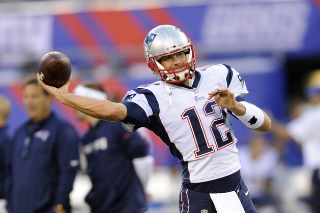 New England Patriots quarterback Tom Brady throws before an NFL football game between the New England Patriots and the New York Giants, Thursday, Aug. 28, 2014, in East Rutherford, N.J. (AP Photo/Bill Kostroun) New England Patriots quarterback Tom Brady throws before an NFL football game between the New England Patriots and the New York Giants, Thursday, Aug. 28, 2014, in East Rutherford, N.J. (AP Photo/Bill Kostroun)
