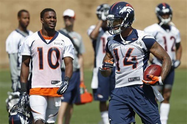 FILE - In this June 16, 2014 file photo, Denver Broncos wide receiver Emmanuel Sanders (10) calls out to wide receiver Cody Latimer (14) during an NFL football organized team activity at the team's training facility in Englewood, Colo. After throwing for more yards and touchdowns than anyone in NFL history, Peyton Manning had to say good bye to wide receiver Eric Decker and running back Knowshon Moreno, who combined for 3,154 yards from scrimmage and 25 touchdowns in the lead-up to the Super Bowl. Replacing Decker are coveted free agent Emmanuel Sanders and prized rookie Cody Latimer, both of whom have spent plenty of 1-on-1 time with Manning this offseason. (AP Photo/Brennan Linsley, File) FILE - In this June 16, 2014 file photo, Denver Broncos wide receiver Emmanuel Sanders (10) calls out to wide receiver Cody Latimer (14) during an NFL football organized team activity at the team's training facility in Englewood, Colo. After throwing for more yards and touchdowns than anyone in NFL history, Peyton Manning had to say good bye to wide receiver Eric Decker and running back Knowshon Moreno, who combined for 3,154 yards from scrimmage and 25 touchdowns in the lead-up to the Super Bowl. Replacing Decker are coveted free agent Emmanuel Sanders and prized rookie Cody Latimer, both of whom have spent plenty of 1-on-1 time with Manning this offseason. (AP Photo/Brennan Linsley, File)