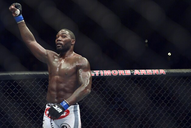Apr 26, 2014; Baltimore, MD, USA;   Anthony Johnson reacts after defeating Phil Davis during UFC 172 at Baltimore Arena.  Mandatory Credit: Tommy Gilligan-USA TODAY Sports
