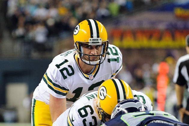Sep 24, 2012; Seattle, WA, USA; Green Bay Packers quarterback Aaron Rodgers (12) during the 2nd half against the Seattle Seahawks at CenturyLink Field. Seattle defeated Green Bay 14-12. Mandatory Credit: Steven Bisig-USA TODAY Sports