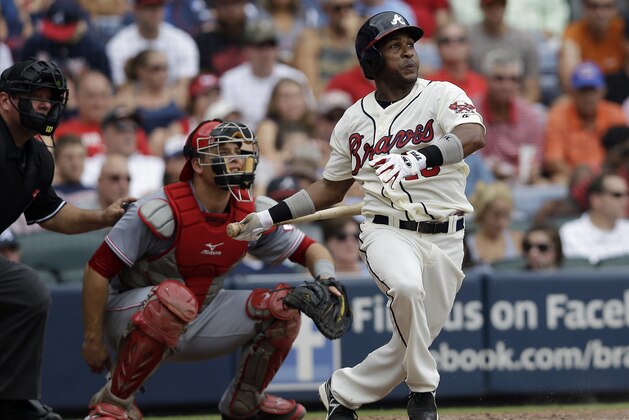 Atlanta Braves Jose Constanza Bats against the Cincinnati Reds in a baseball game Sunday, July 14, 2013 in Atlanta. (AP Photo/John Bazemore)