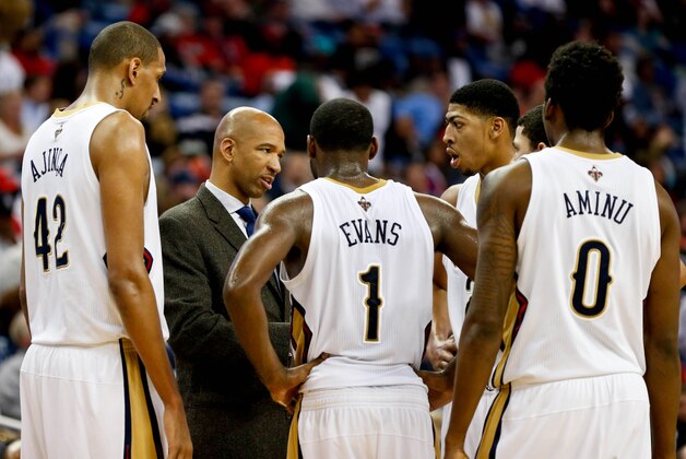 Mar 24, 2014; New Orleans, LA, USA; New Orleans Pelicans head coach Monty Williams huddles with his team during the second half of a game against the Brooklyn Nets at the Smoothie King Center. The Pelicans defeated the Nets 109-104 in overtime. Mandatory Credit: Derick E. Hingle-USA TODAY Sports