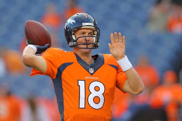 DENVER, CO - AUGUST 23: Quarterback Peyton Manning #18 of the Denver Broncos throws as he warms up before a preseason game at Sports Authority Field at Mile High on August 23, 2014 in Denver, Colorado. (Photo by Justin Edmonds/Getty Images) DENVER, CO - AUGUST 23: Quarterback Peyton Manning #18 of the Denver Broncos throws as he warms up before a preseason game at Sports Authority Field at Mile High on August 23, 2014 in Denver, Colorado. (Photo by Justin Edmonds/Getty Images)