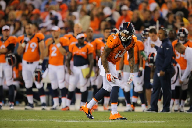 DENVER, CO - AUGUST 07:  Wide receiver Cody Latimer #14 of the Denver Broncos lines up at wide receiver against the Seattle Seahawks during preseason action at Sports Authority Field at Mile High on August 7, 2014 in Denver, Colorado.  (Photo by Doug Pensinger/Getty Images)