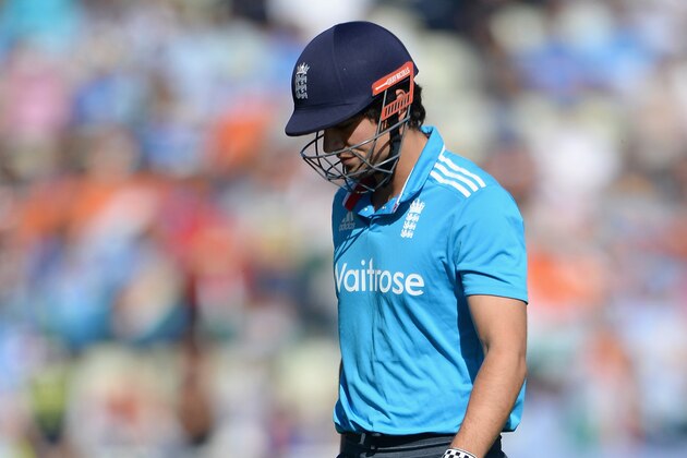 BIRMINGHAM, ENGLAND - SEPTEMBER 02:  England captain Alastair Cook leaves the field after being dismissed by Bhuvneshwar Kumar of India during the 4th Royal London One Day International match between England and India at Edgbaston on September 2, 2014 in Birmingham, England.  (Photo by Gareth Copley/Getty Images)